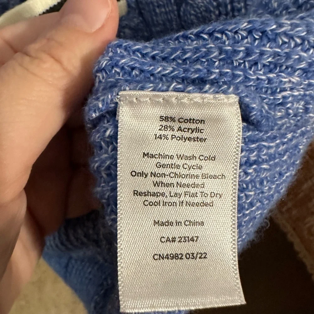 Talbots Iris Blue Cable Knit Tipped Girlfriend Cardigan Sweater Size L Preppy